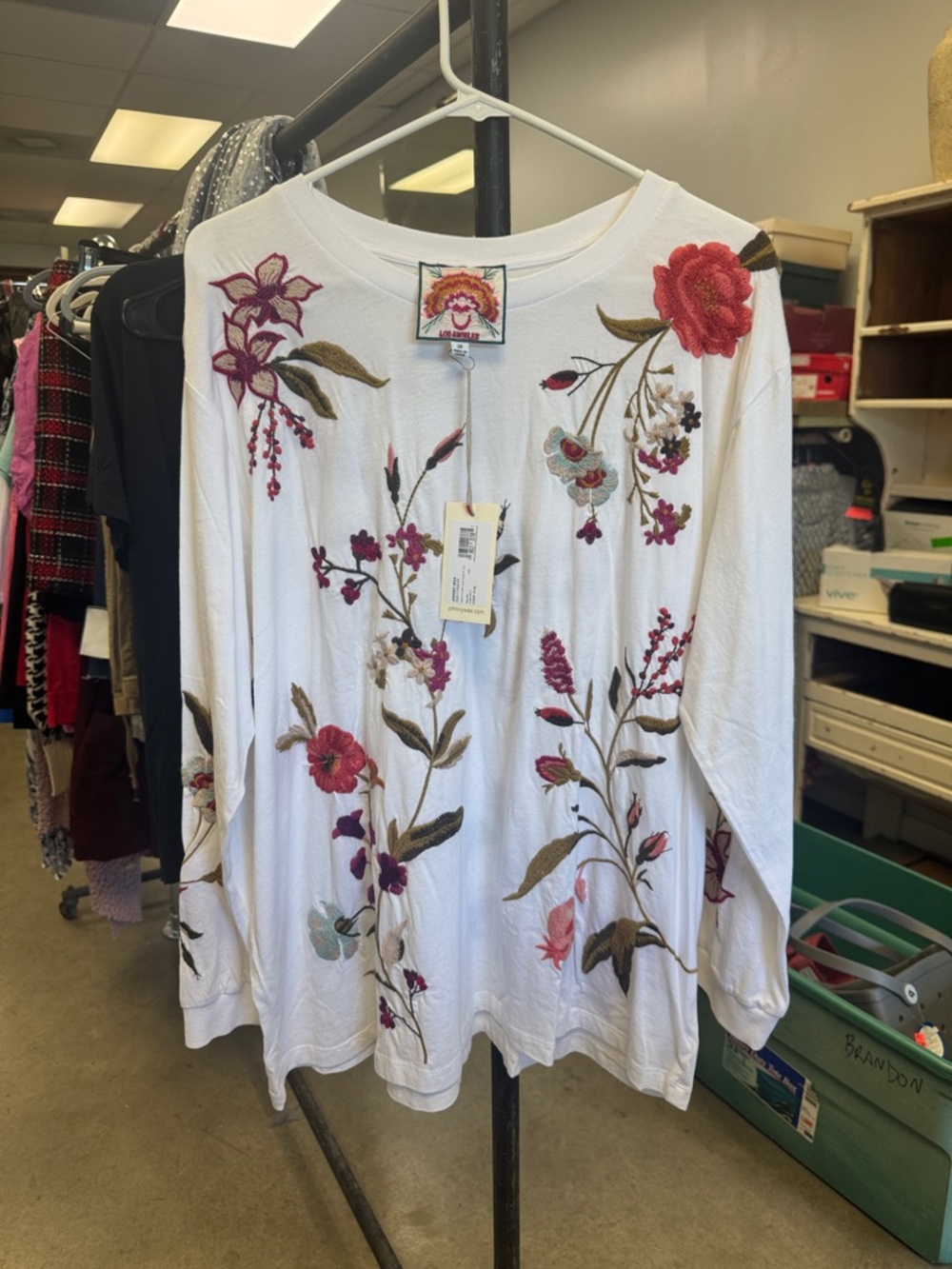 Johnny Was White Embroidered Floral Pullover Sweatshirt